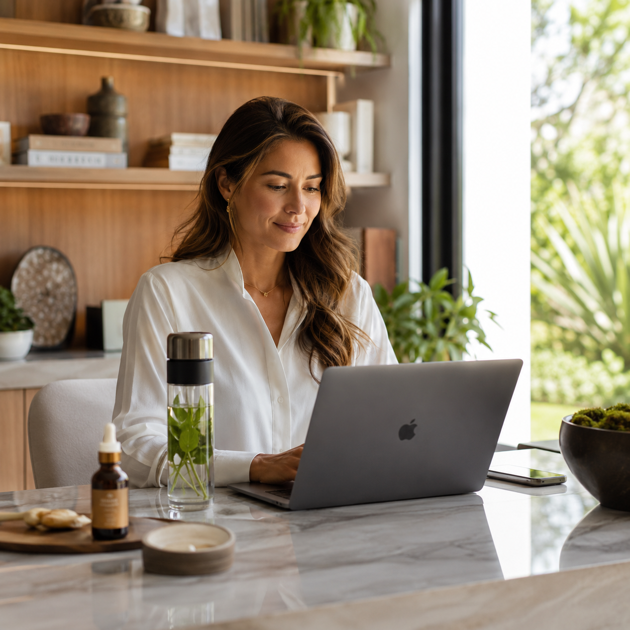 Successful modern woman balancing work and wellness effortlessly at home