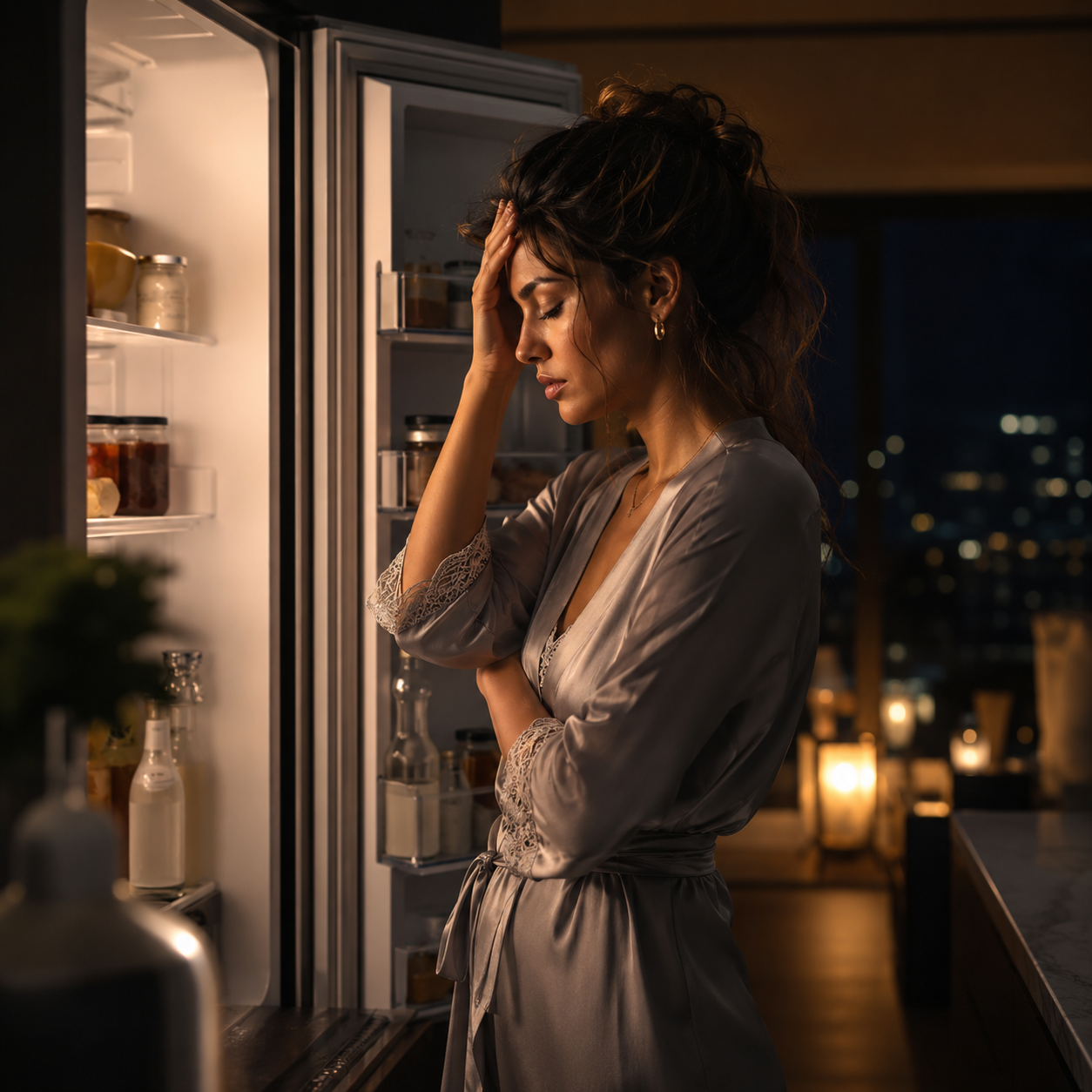 Woman experiencing late-night food cravings at refrigerator in elegant home