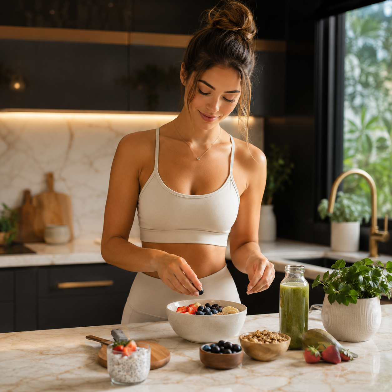 Confident woman preparing a healthy balanced breakfast in luxury kitchen